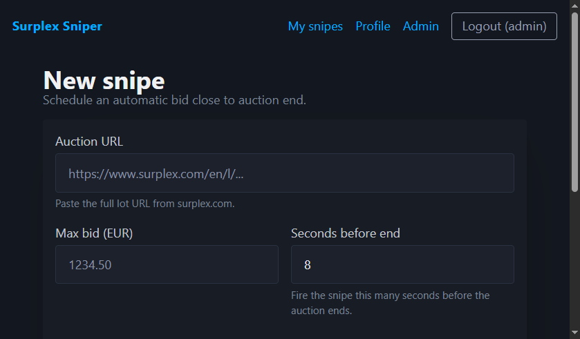 Пустая форма создания снайпа